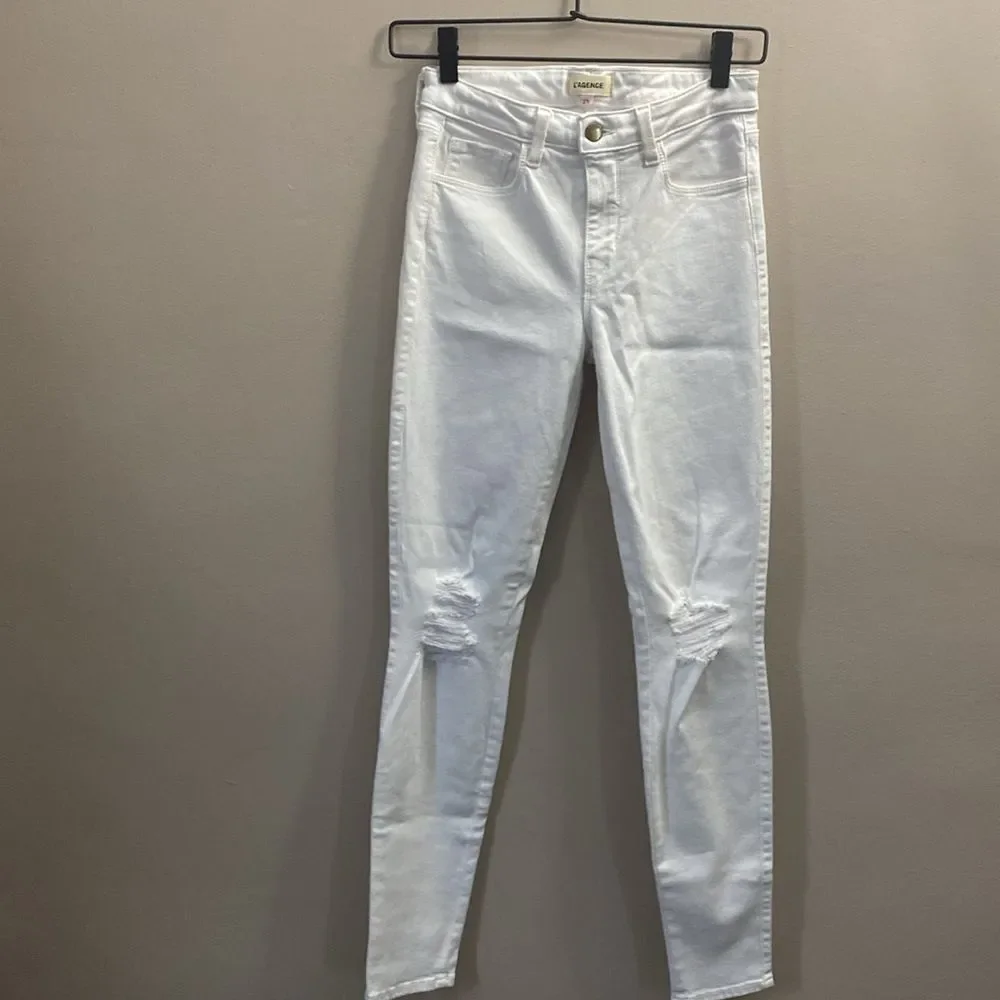 L’AGENCE White Distressed High Line Skinny High Rise Jeans - Picture 2 of 6